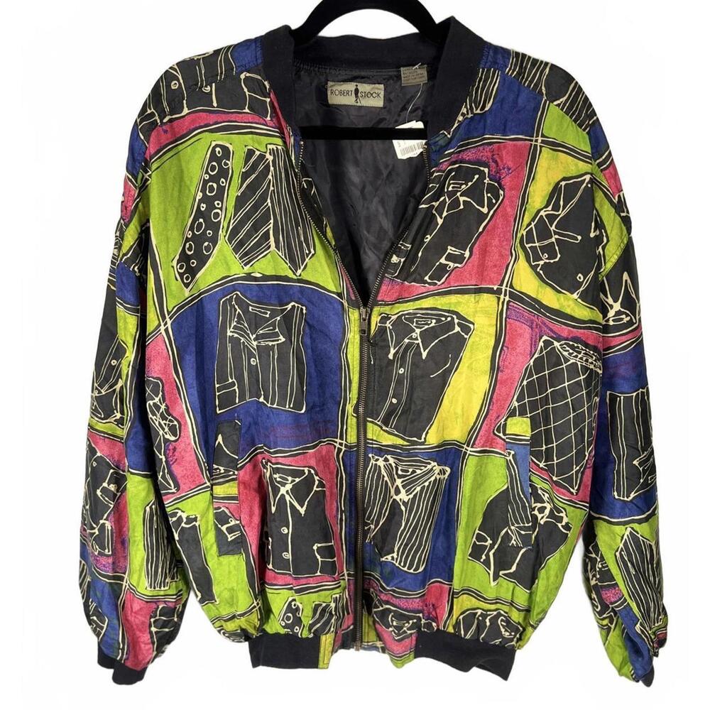 NWT Vintage Robert Stock 100% Silk Bomber Deadstock 90s Abstract, Med